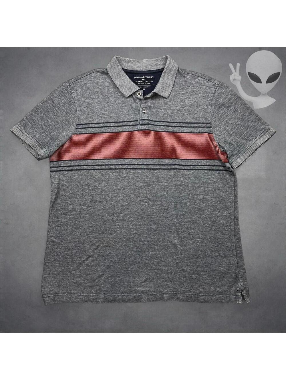 Banana Republic Medium Grey Organic Cotton Pique Polo Red Chest Stripe